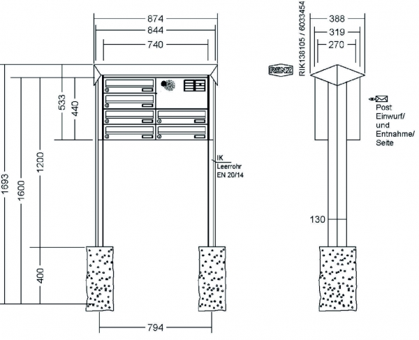 RENZ Briefkastenanlage freistehend, PRISMA, Edelstahl V4A, Kastenformat 370x110x270mm, mit Klingel - & Lichttaster und Vorbereitung Gegensprechanlage, 6-teilig, zum Einbetonieren